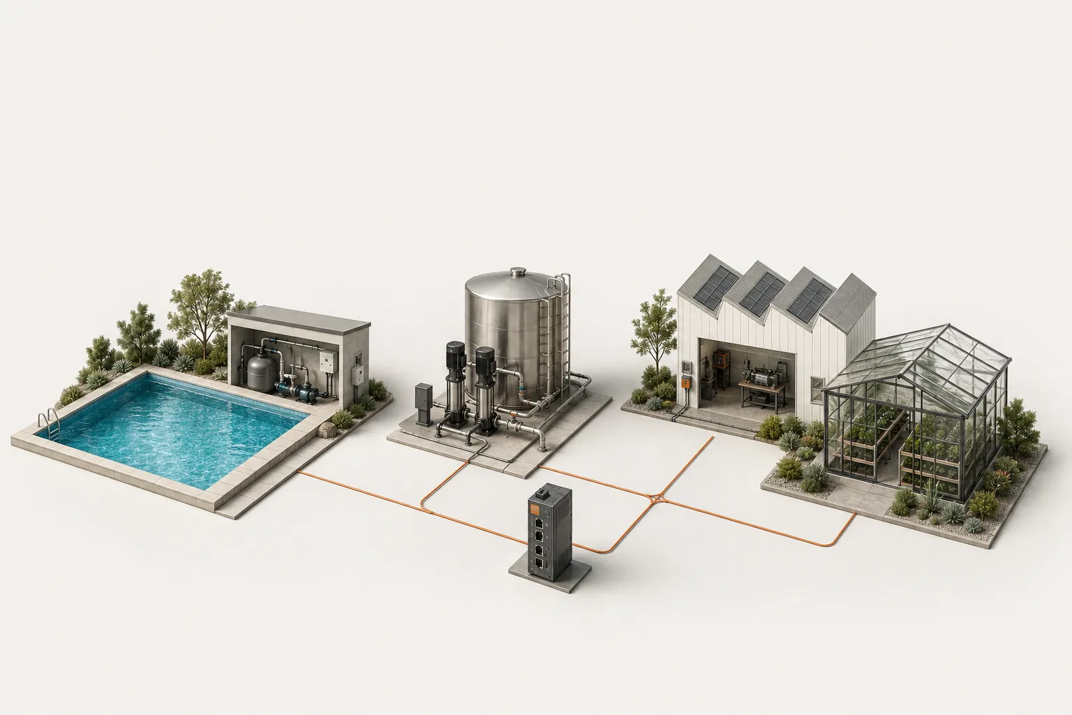 Maqueta ilustrativa de una piscina, un depósito, una fábrica y un invernadero conectados.
